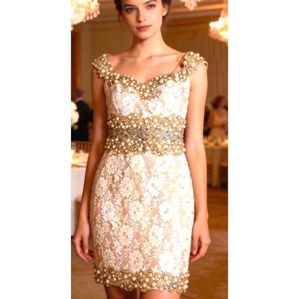 LUXURY Hand Beaded Pearl & Lace Cocktail Dress (Similar to Jovani/Mac Duggal)"‎